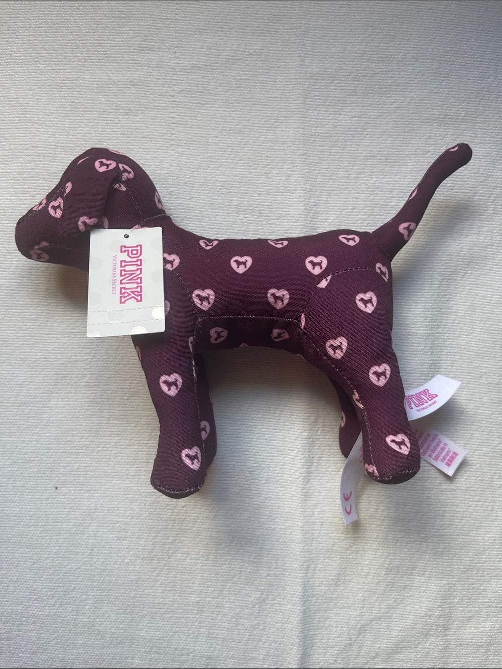 PINK Victoria's Secret Plum Plush Dog Toy with Pink Heart Motifs